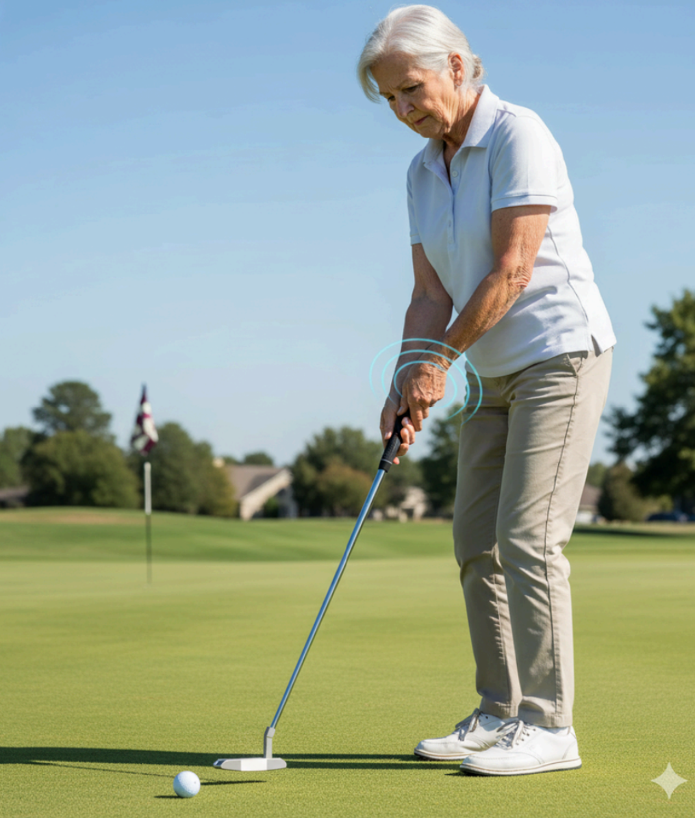 Golfer using GreenSense haptic sensor on the green — feel the read